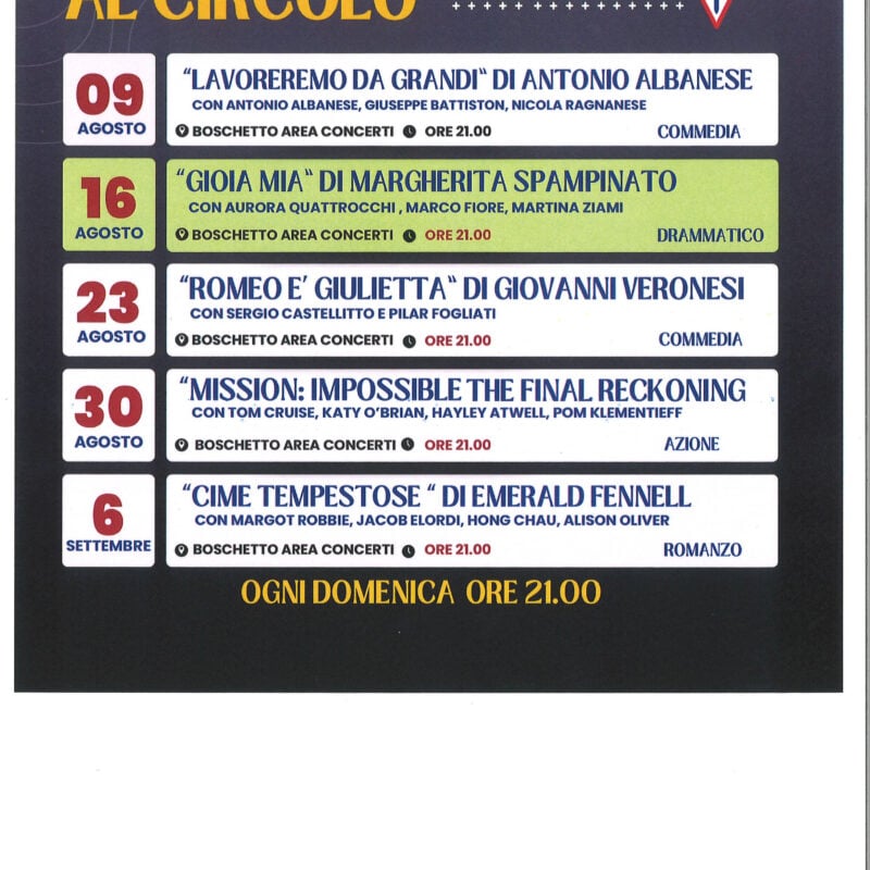 Cinema d’agosto al Circolo: ecco il programma completo